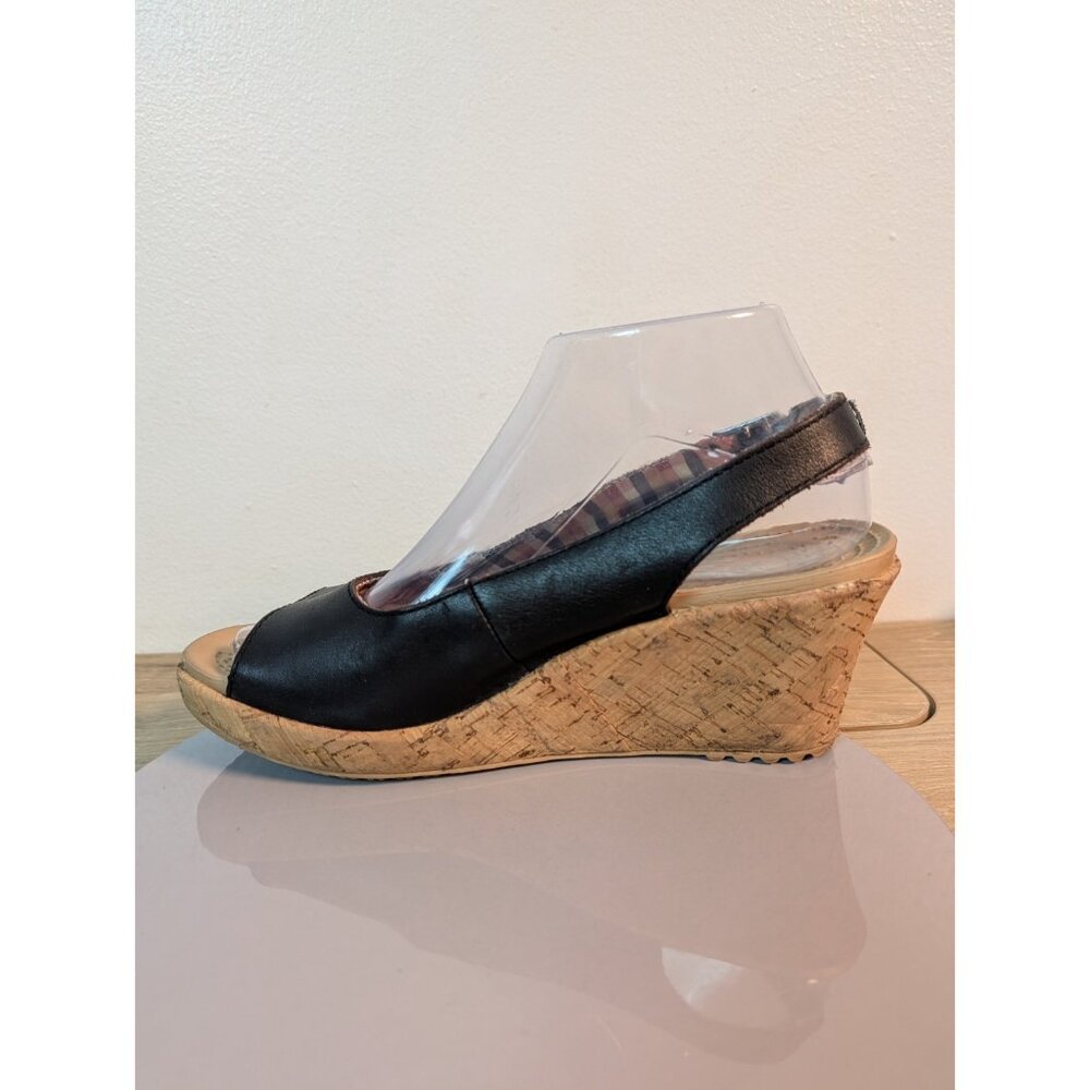 CROCS A-Leigh Black Leather Cork Wedge Slingbacks Sandals Size 8 Flaw - Picture 6 of 10
